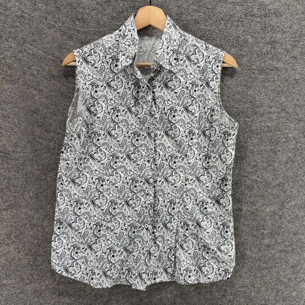 Unbranded Shirt Women M Medium Gray Paisley Button Up Sleeveless Wide Strap